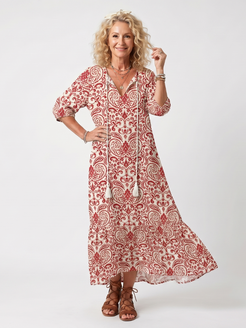 Octavia | Ornate Print Tassel Tie Midi Dress