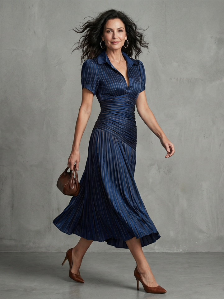 Paola | Pleated Waistline Stripe Midi Dress