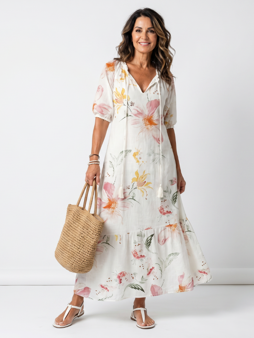 Primrose | Soft Floral Tiered Tassel Midi Dress
