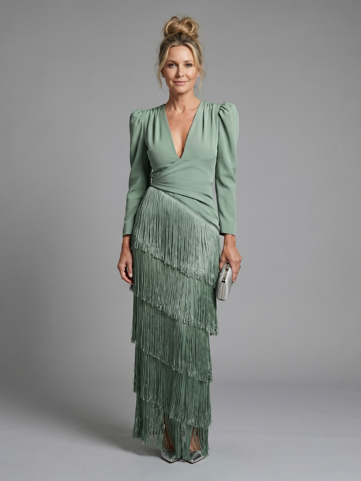 Harrow & Lane Long Sleeve Soft Fringe Skirt Midi Dress