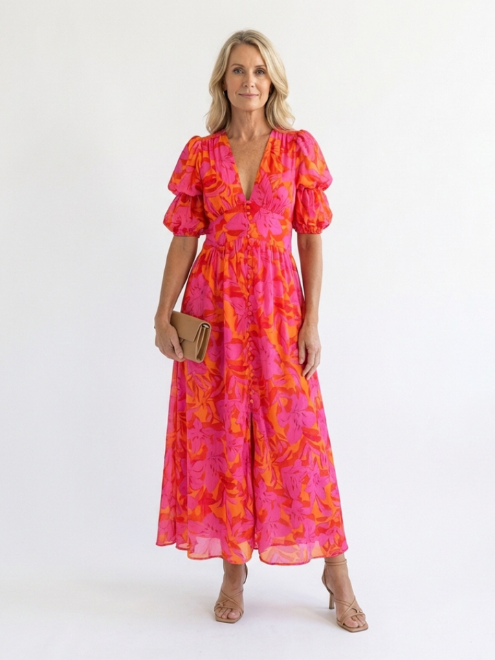 Amity | Floral V Neck Puff Sleeve Midi Dress