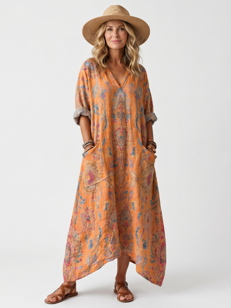 Verity | Notch Neck Printed Oversized Pocket Midi Dress