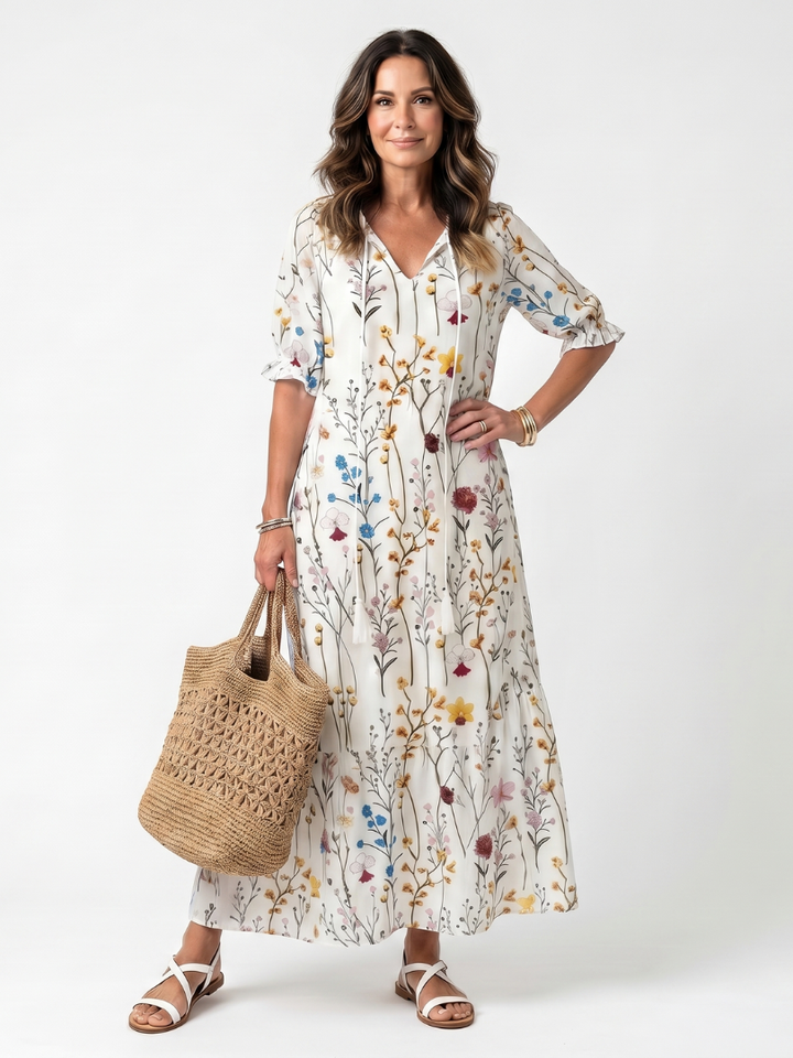Leonie | Botanical Print Tassel Tie Midi Dress