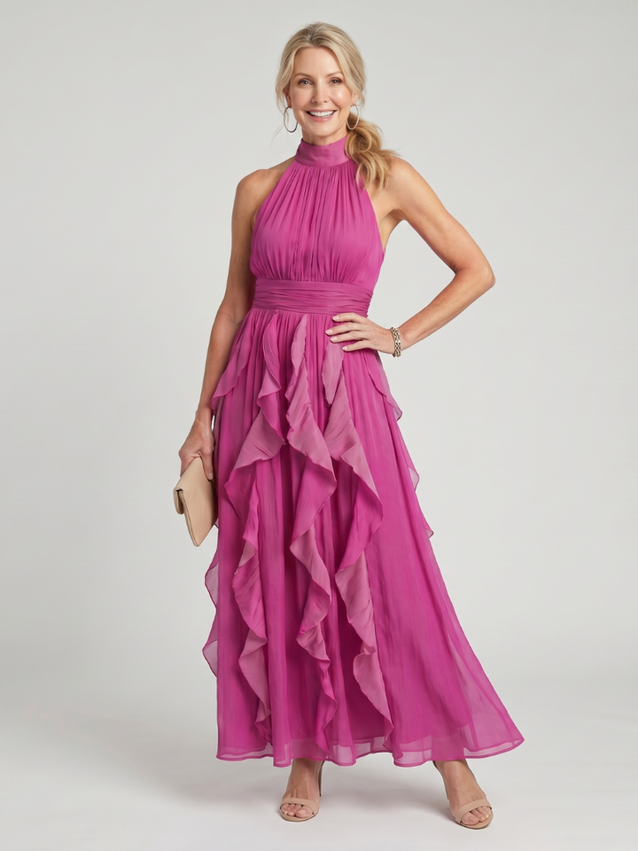 Alexina | High Neck Gathered Ruffle Layers Maxi Dress
