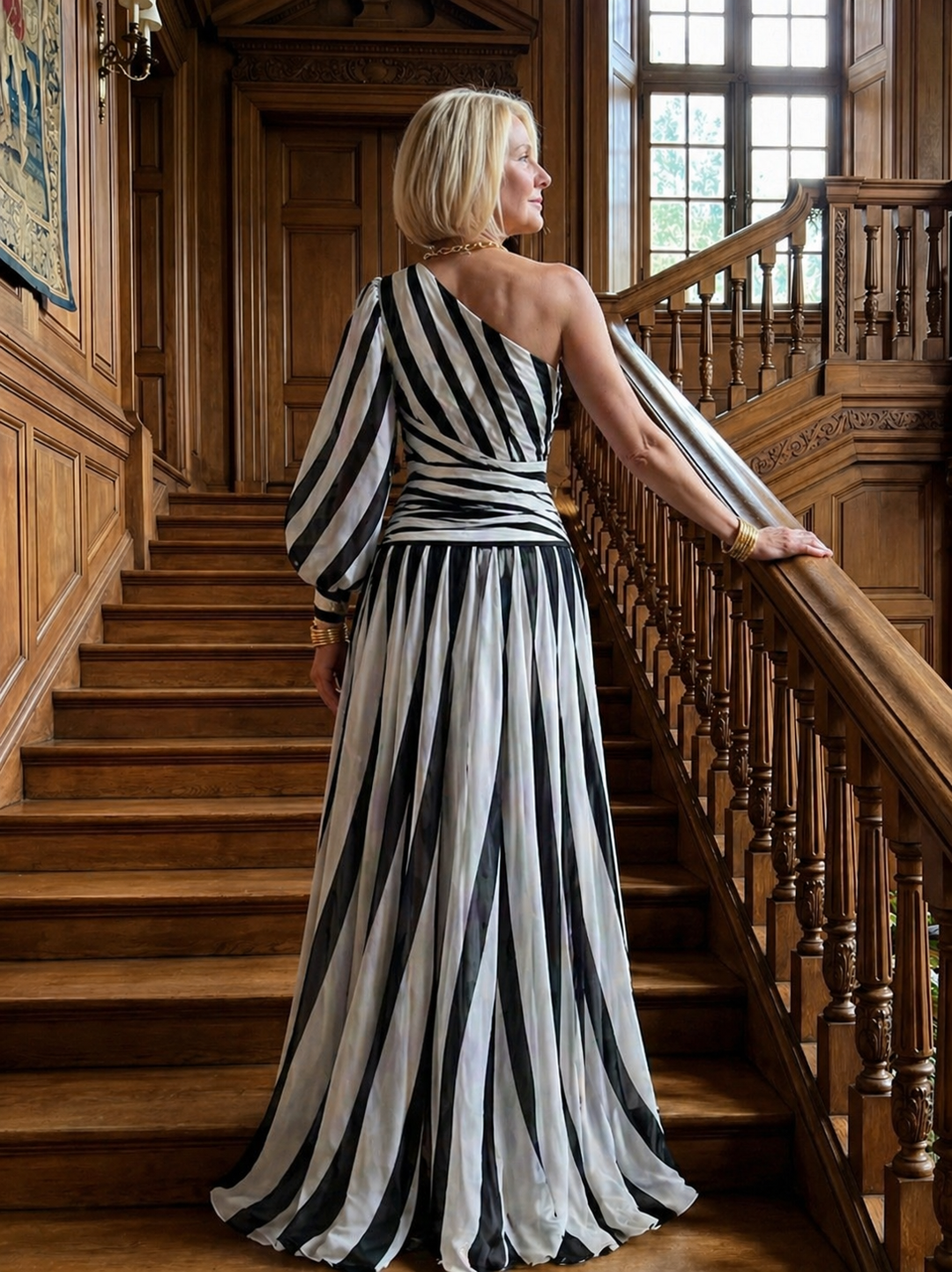 Harrow & Lane™ | Elegant Striped Maxi Dress with One Shoulder