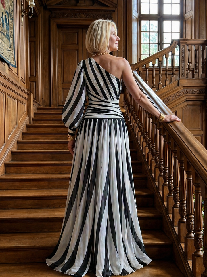 Harrow & Lane™ | Elegant Striped Maxi Dress with One Shoulder