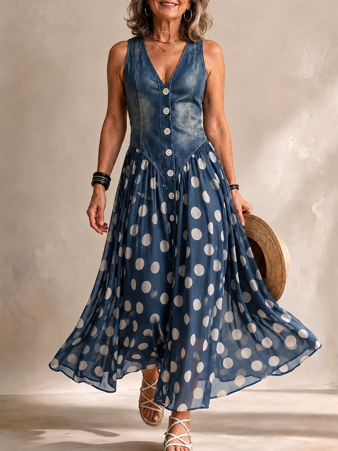 ZOSIA | LONG POLKA DOT DENIM DRESS