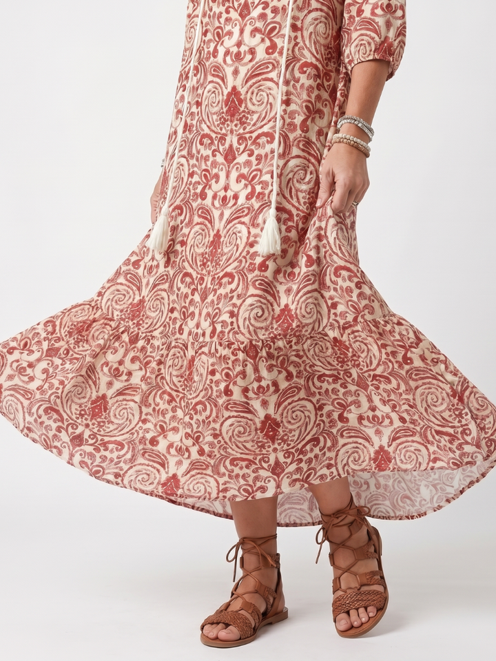 Octavia | Ornate Print Tassel Tie Midi Dress