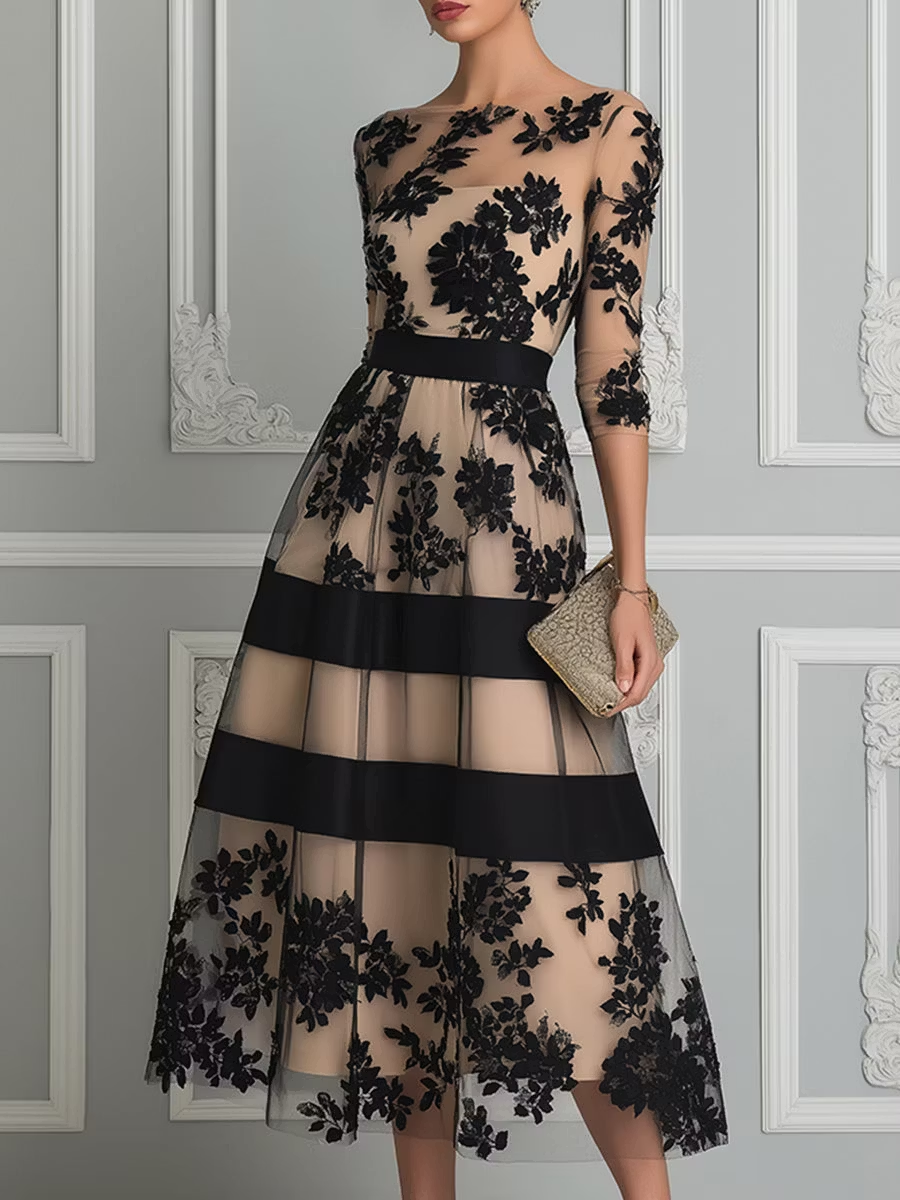 Maisie | Floral Lace Midi Dress with Sheer Overlay