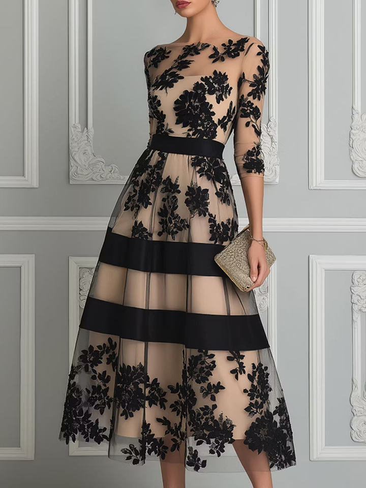 Maisie | Floral Lace Midi Dress with Sheer Overlay