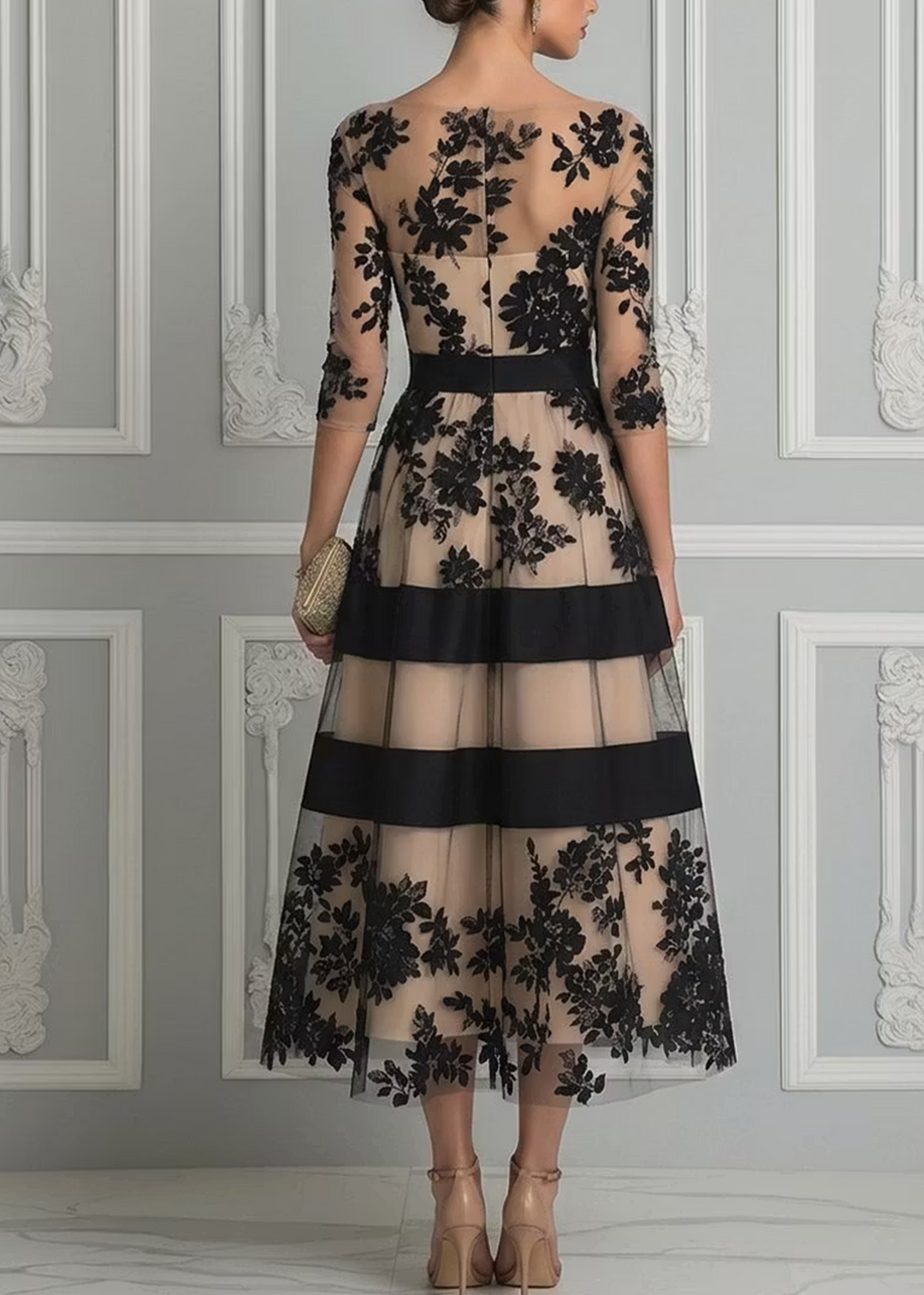 Maisie | Floral Lace Midi Dress with Sheer Overlay