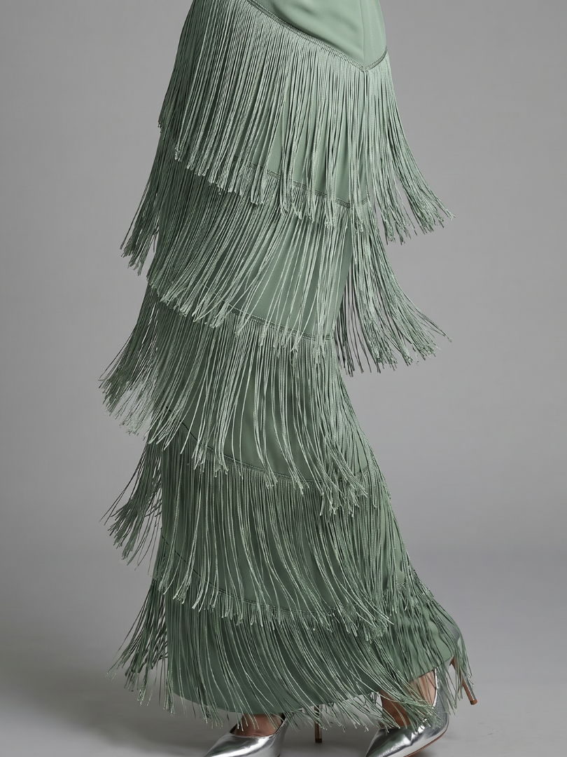 Harrow & Lane Long Sleeve Soft Fringe Skirt Midi Dress