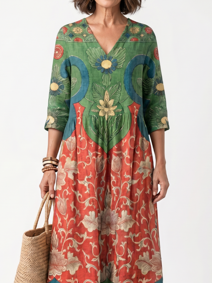 Winifred | Mixed Print V Neck Pocket Midi Dress