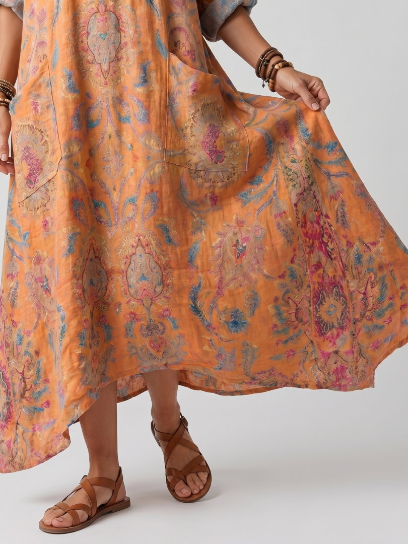 Verity | Notch Neck Printed Oversized Pocket Midi Dress