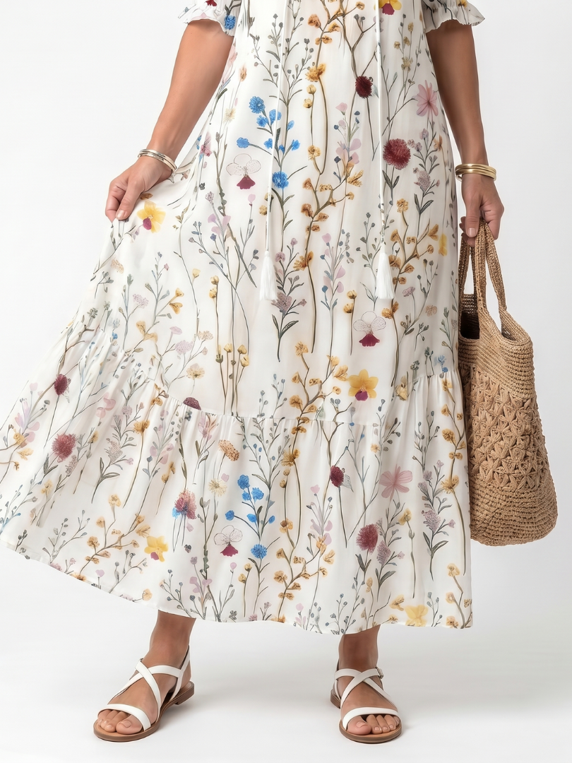 Leonie | Botanical Print Tassel Tie Midi Dress