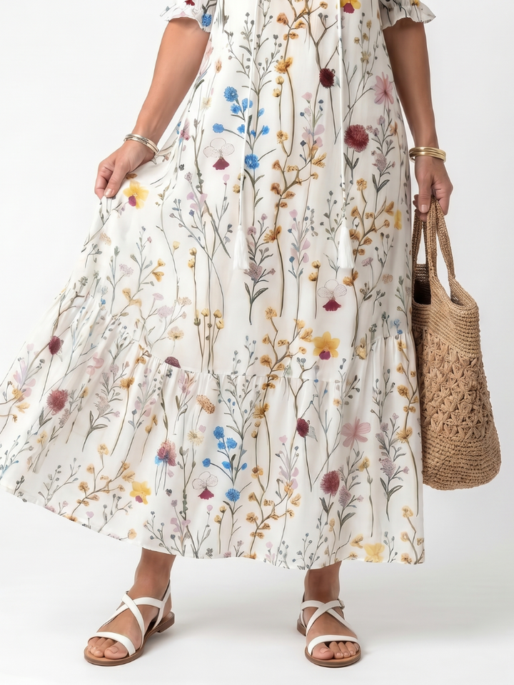 Leonie | Botanical Print Tassel Tie Midi Dress