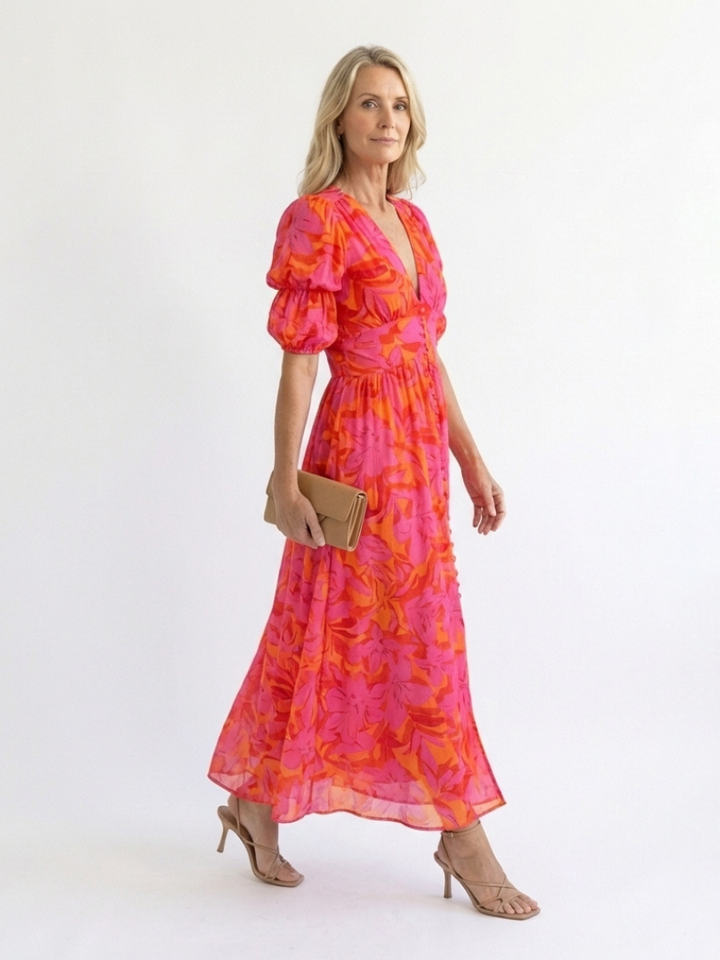 Harrow & Lane™ | Floral V Neck Puff Sleeve Midi Dress
