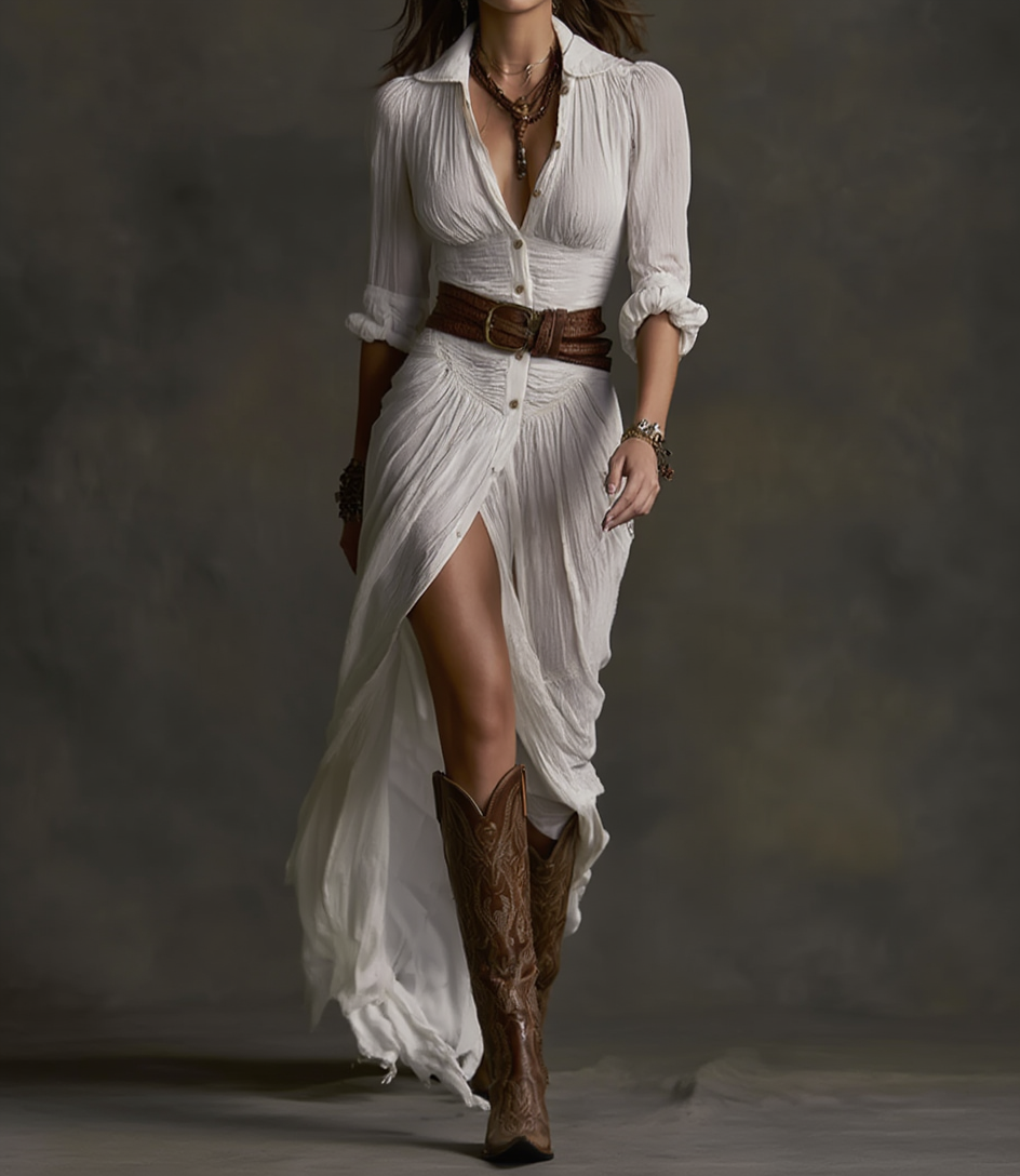 Alina - Long Linen Dress with Reversed Collar