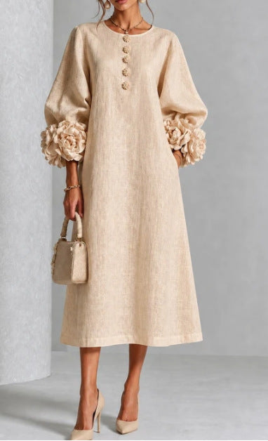 Maggie | Floral Midi Dress with Rose-Cuff Sleeves