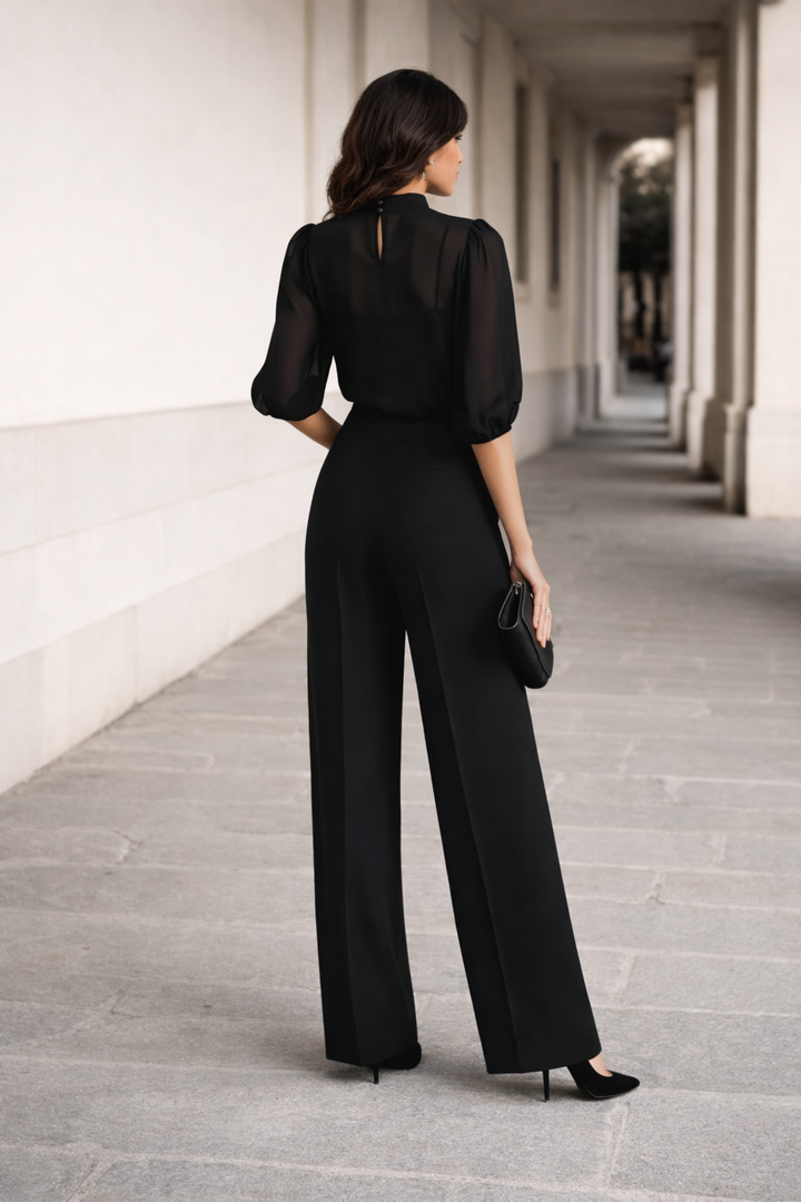 Rosaleen | Three-Piece Set Comprising a Sheer Top and Wide-Leg Pants.