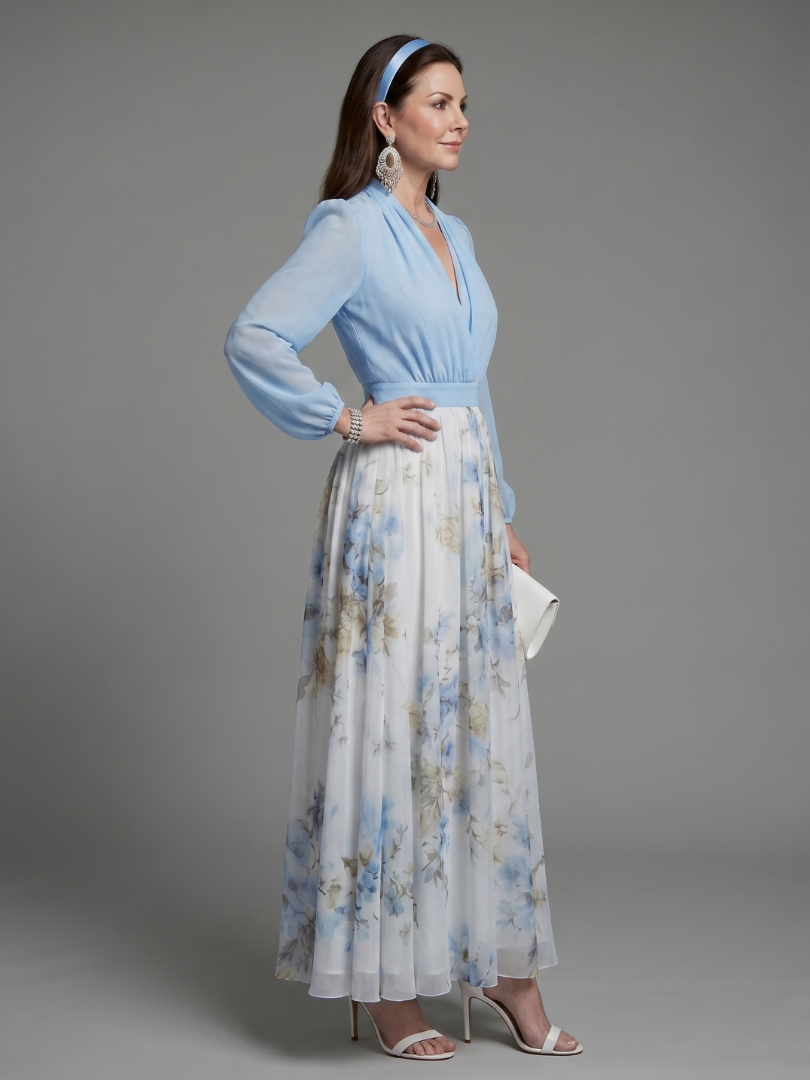Perla | V Neck Sheer Bodice Floral Maxi Dress