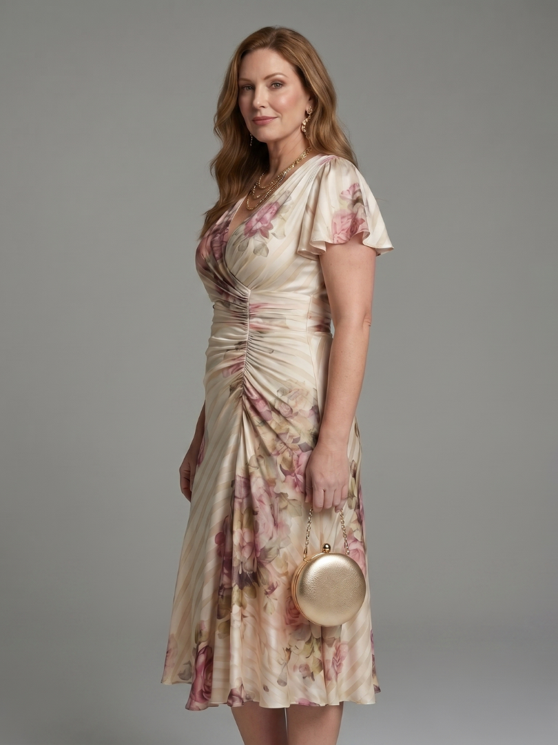 Harrow & Lane Flutter Sleeve Wrap Floral Stripe Print Midi Dress