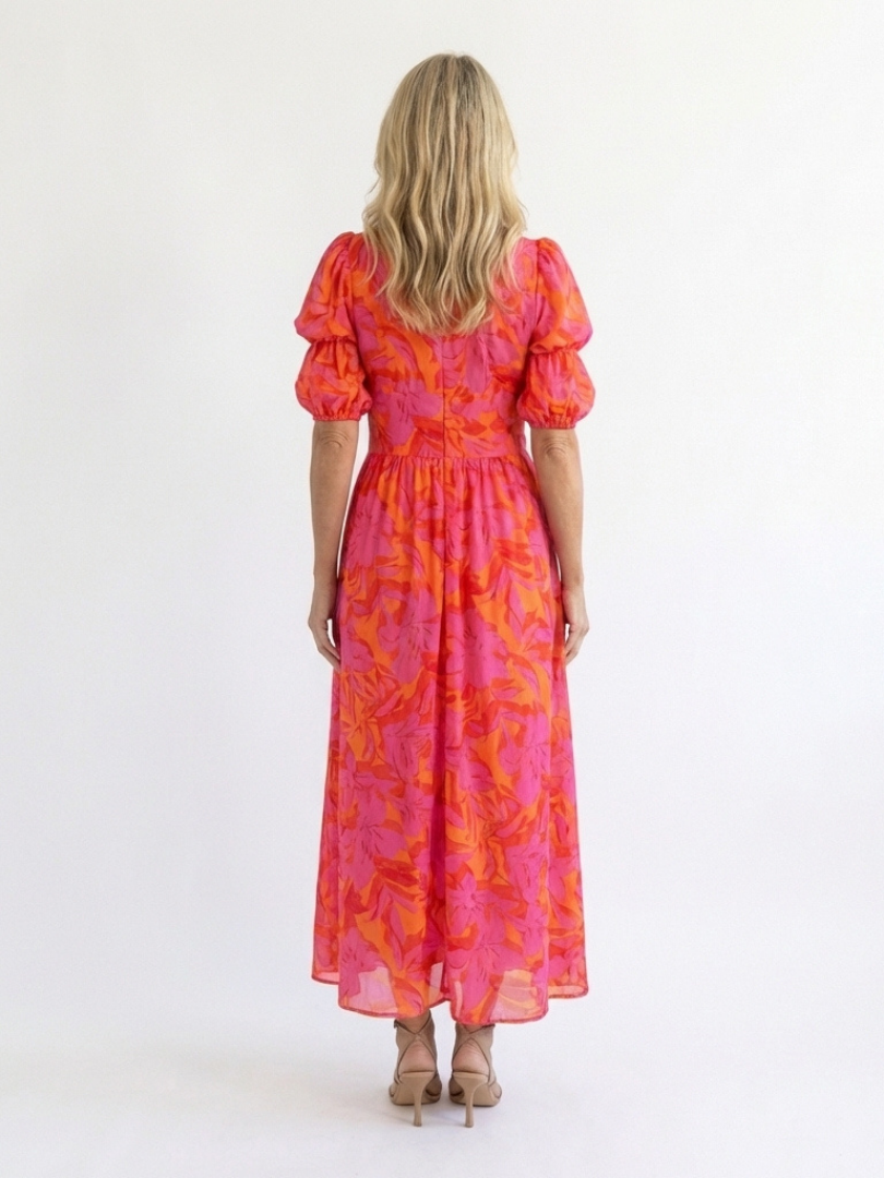 Amity | Floral V Neck Puff Sleeve Midi Dress