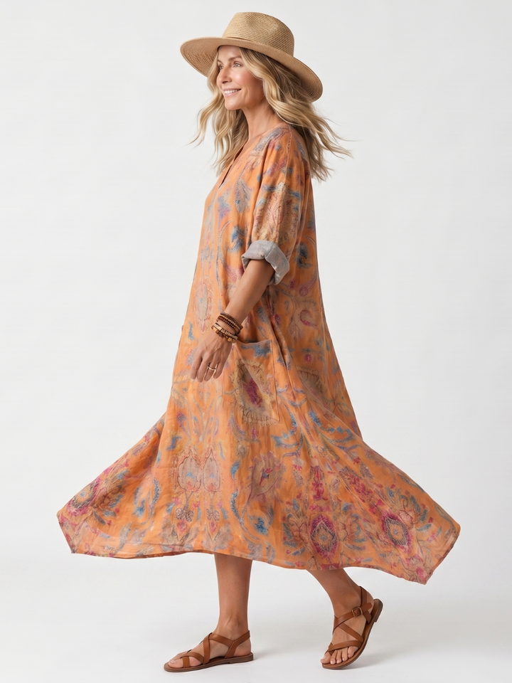 Verity | Notch Neck Printed Oversized Pocket Midi Dress
