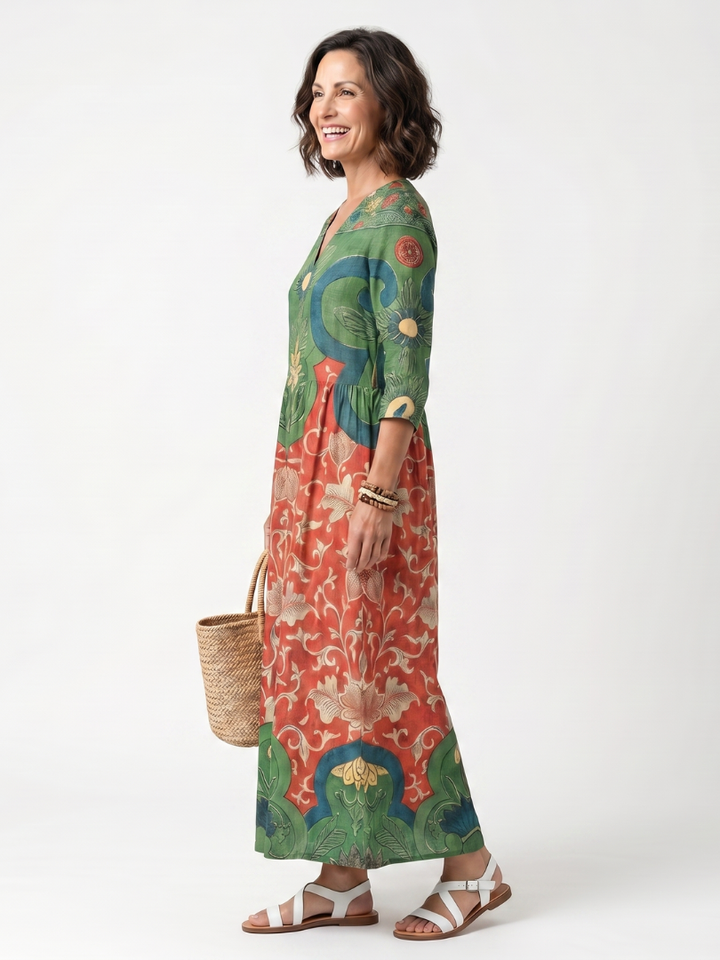 Winifred | Mixed Print V Neck Pocket Midi Dress