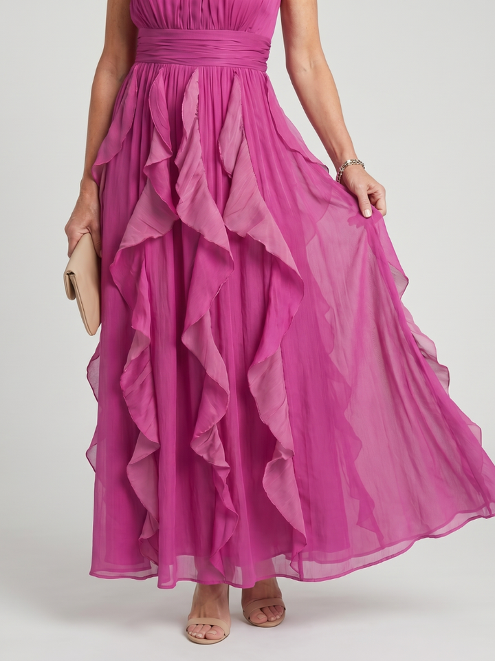 Alexina | High Neck Gathered Ruffle Layers Maxi Dress