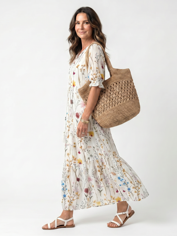 Leonie | Botanical Print Tassel Tie Midi Dress