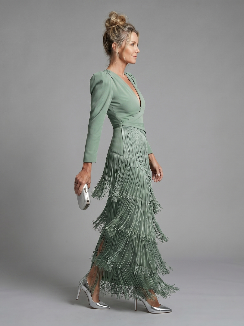 Harrow & Lane Long Sleeve Soft Fringe Skirt Midi Dress