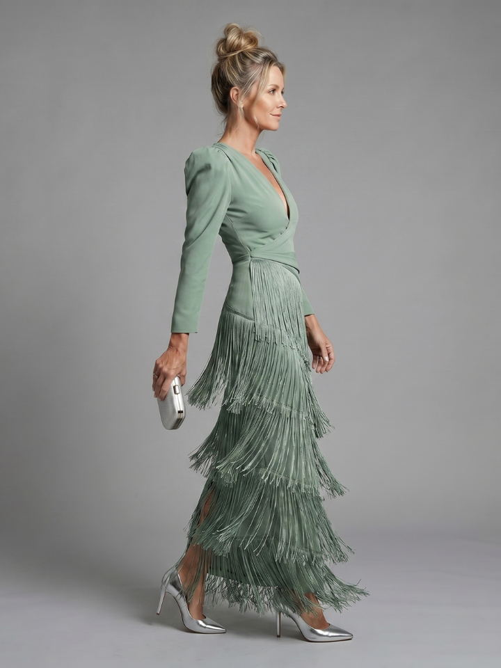 Harrow & Lane Long Sleeve Soft Fringe Skirt Midi Dress