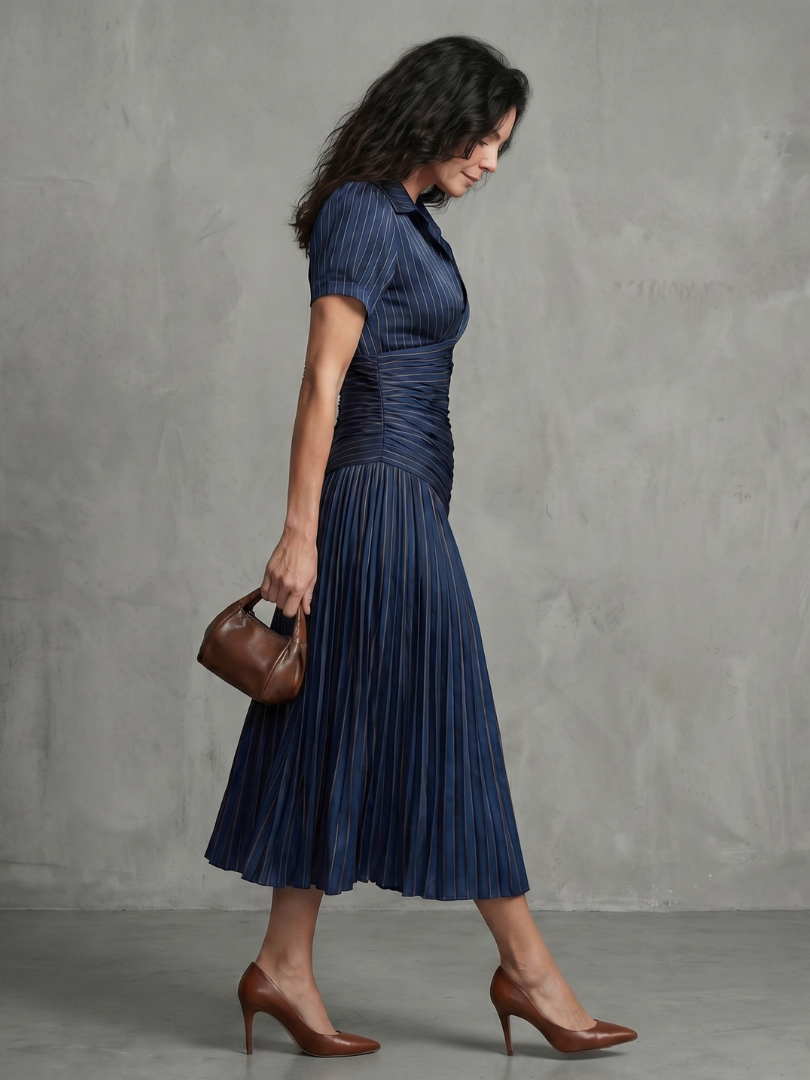 Paola | Pleated Waistline Stripe Midi Dress