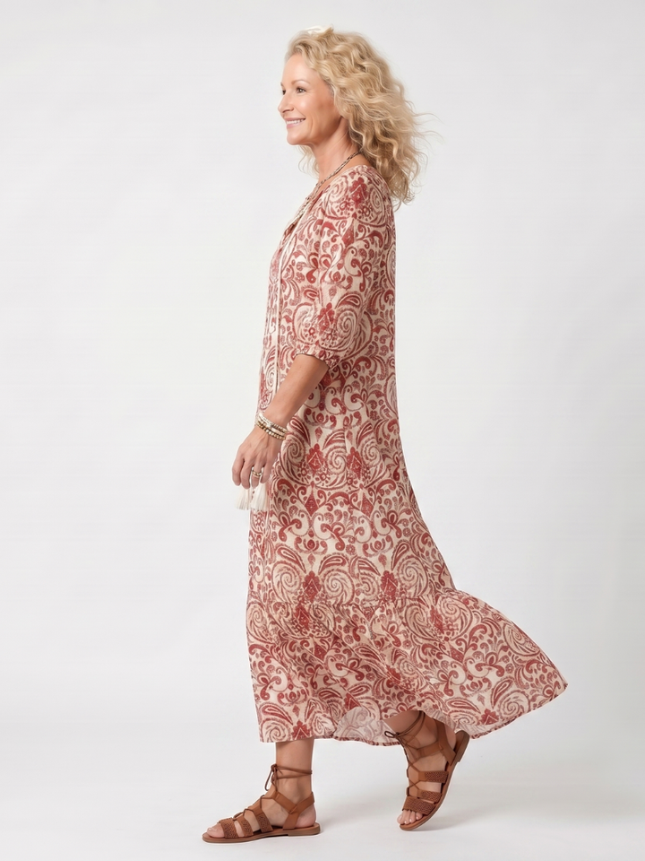 Octavia | Ornate Print Tassel Tie Midi Dress