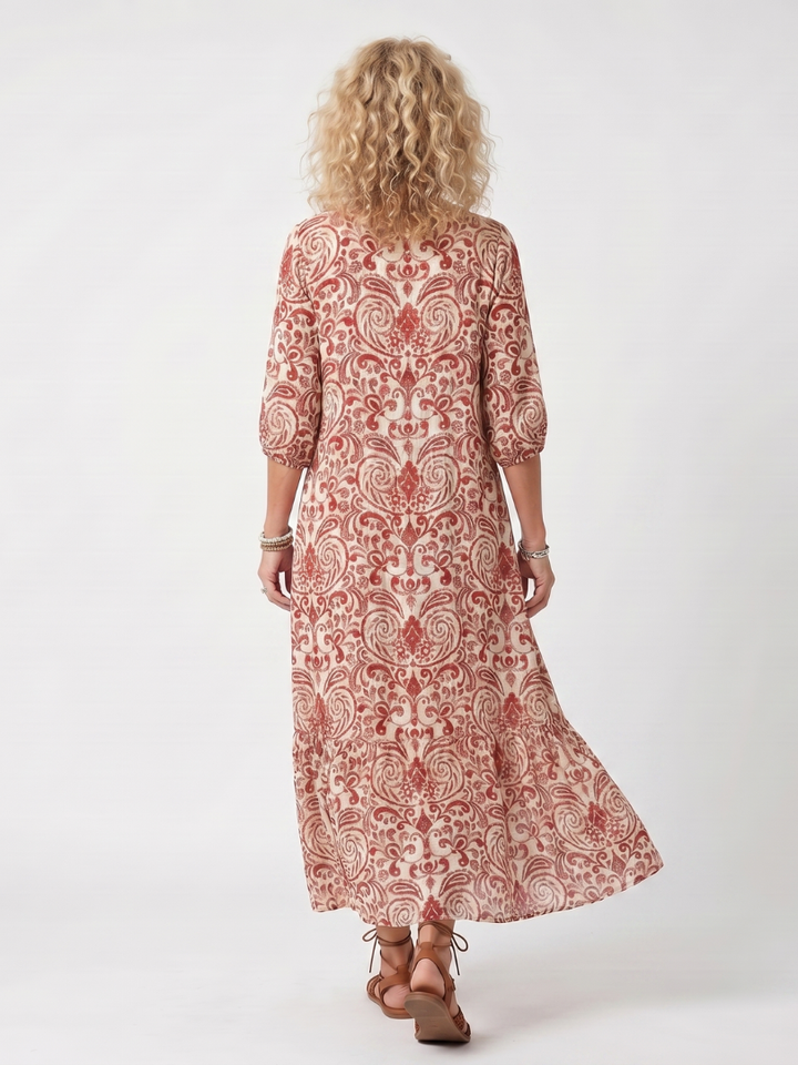 Octavia | Ornate Print Tassel Tie Midi Dress