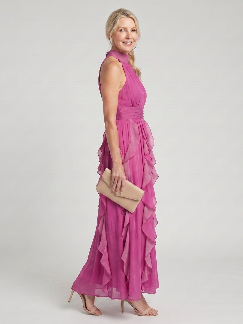 Alexina | High Neck Gathered Ruffle Layers Maxi Dress