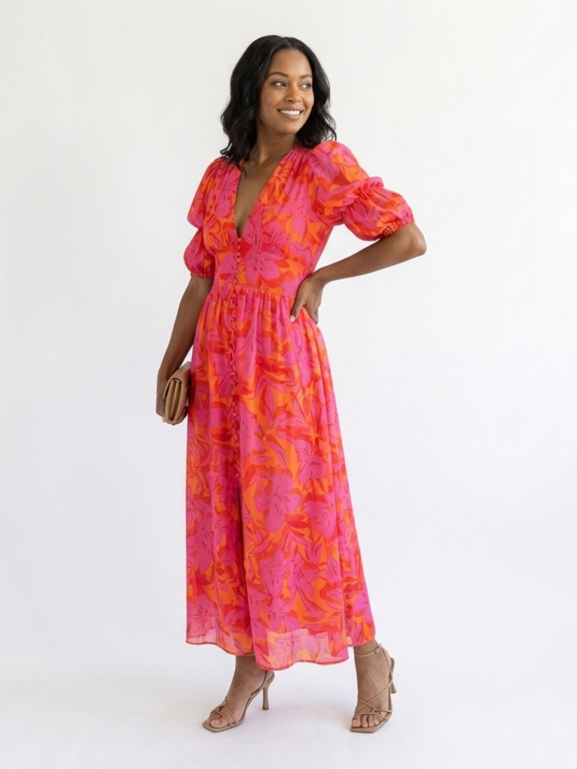 Harrow & Lane™ | Floral V Neck Puff Sleeve Midi Dress