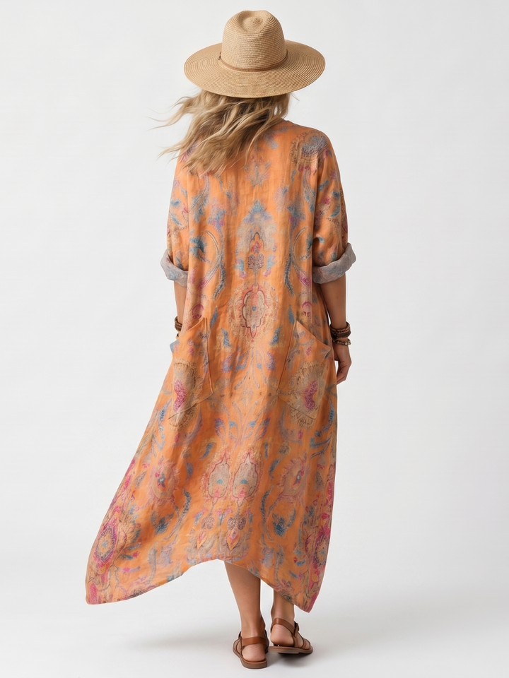 Verity | Notch Neck Printed Oversized Pocket Midi Dress