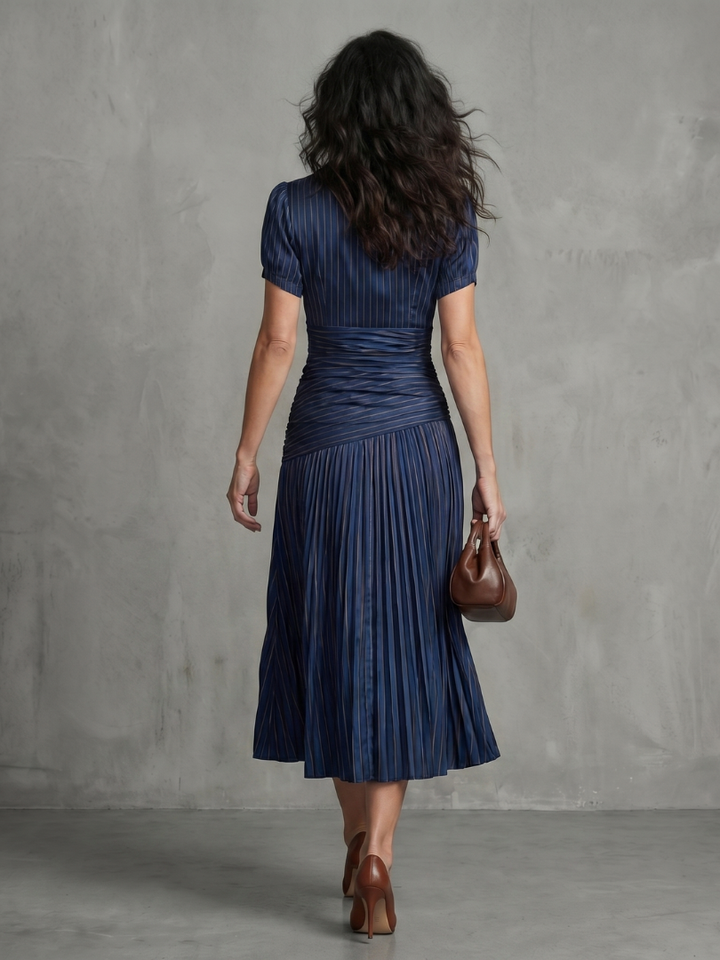 Paola | Pleated Waistline Stripe Midi Dress