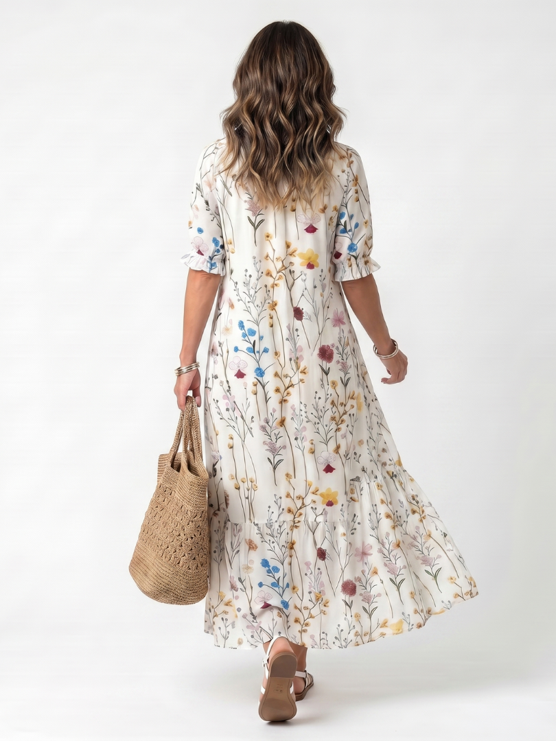 Leonie | Botanical Print Tassel Tie Midi Dress