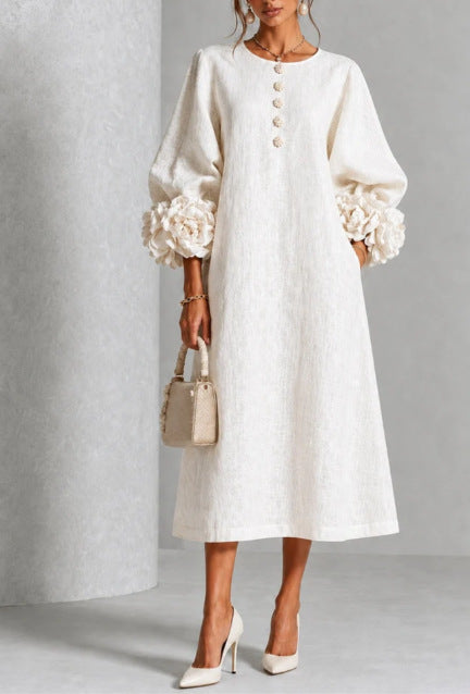 Maggie | Floral Midi Dress with Rose-Cuff Sleeves