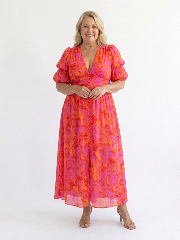 Amity | Floral V Neck Puff Sleeve Midi Dress