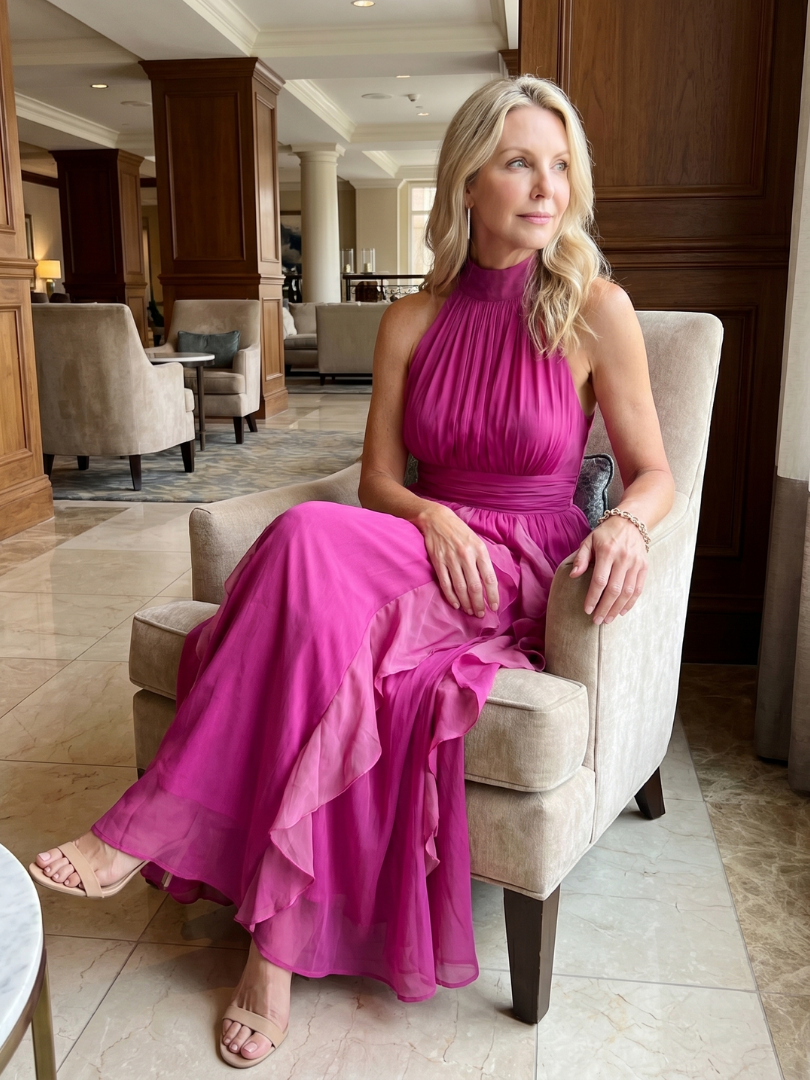 Alexina | High Neck Gathered Ruffle Layers Maxi Dress
