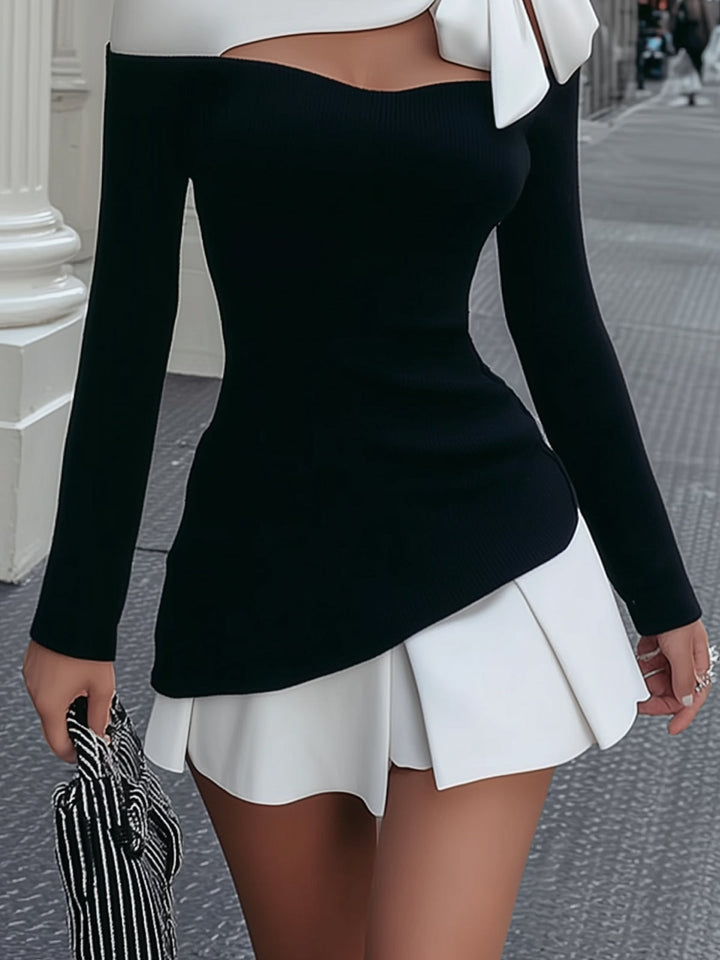 Allegra | Strappy Mini Dress in White and Black with Sewn Bow Detail