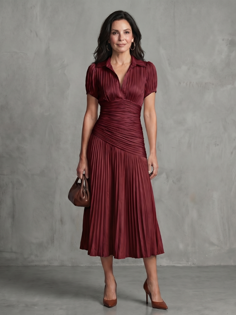 Paola | Pleated Waistline Stripe Midi Dress