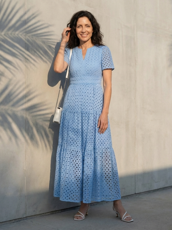 Bernadine | V Neck Short Sleeve Tiered Midi Dress