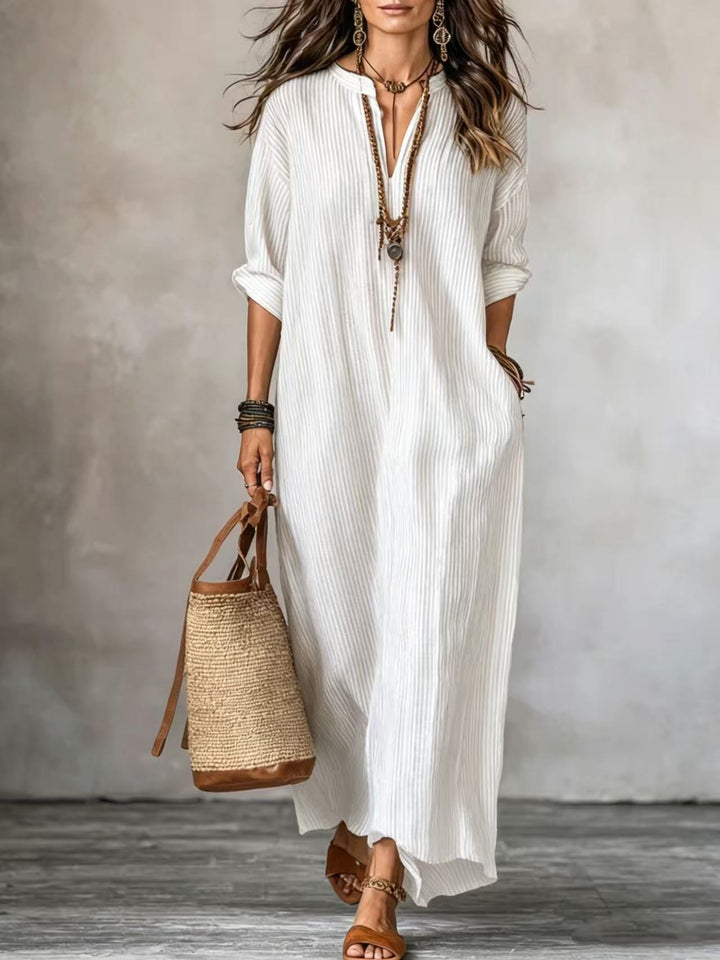 BRONWYN | Long Sleeve Maxi Dress V-Neck Striped Style with Side Pockets