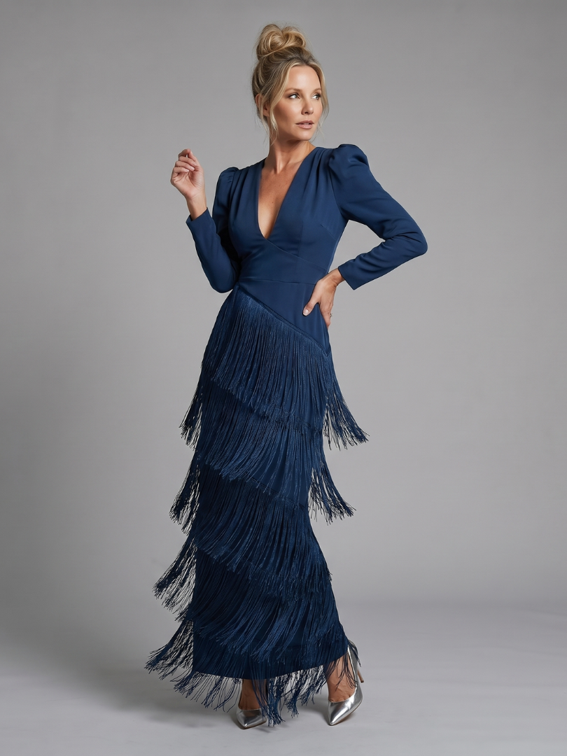 Harrow & Lane Long Sleeve Soft Fringe Skirt Midi Dress