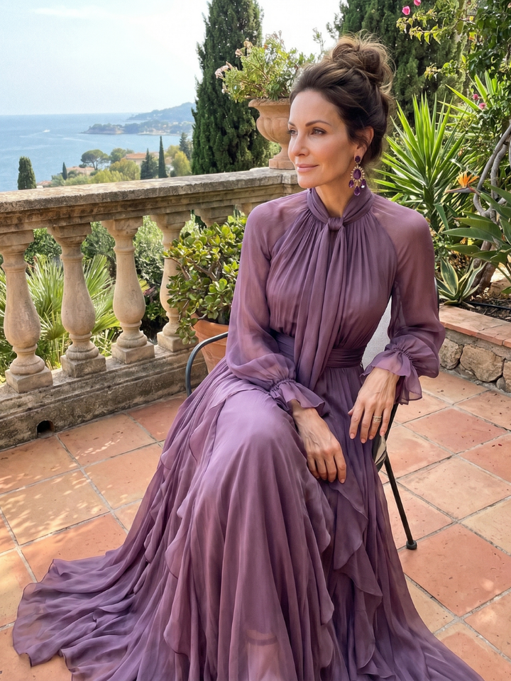 Harrow & Lane Tie Neck Ruffle Tiered Maxi Dress